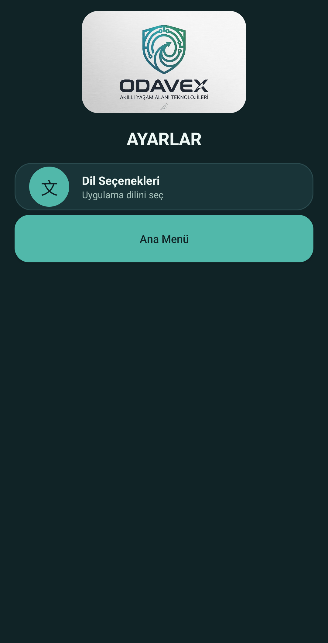 Telefondan alınan Odavex Aviary ayarlar ve dil seçimi ekranı