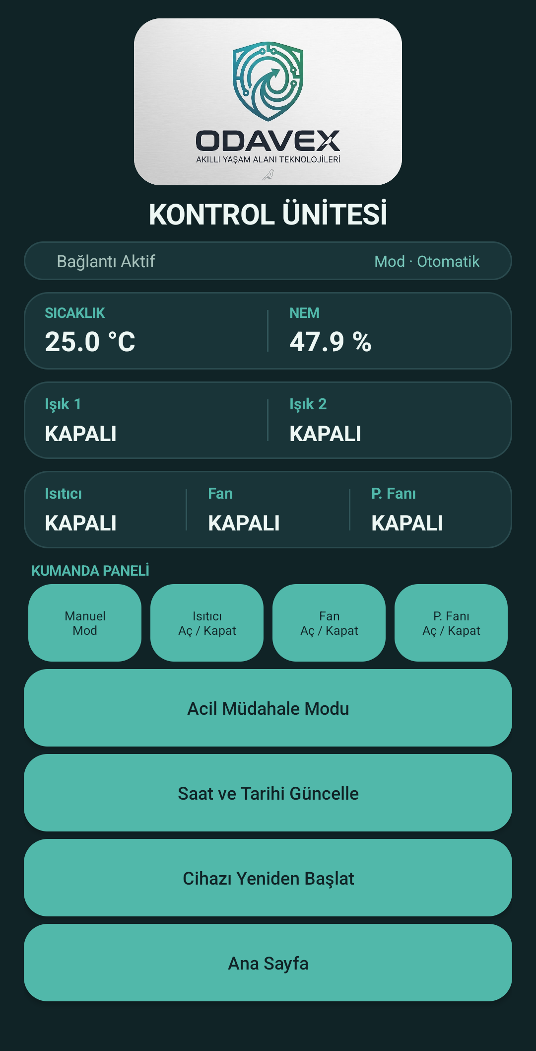 Odavex Aviary kontrol ünitesi ekranı; bağlantı, sıcaklık, nem ve ekipman durumları