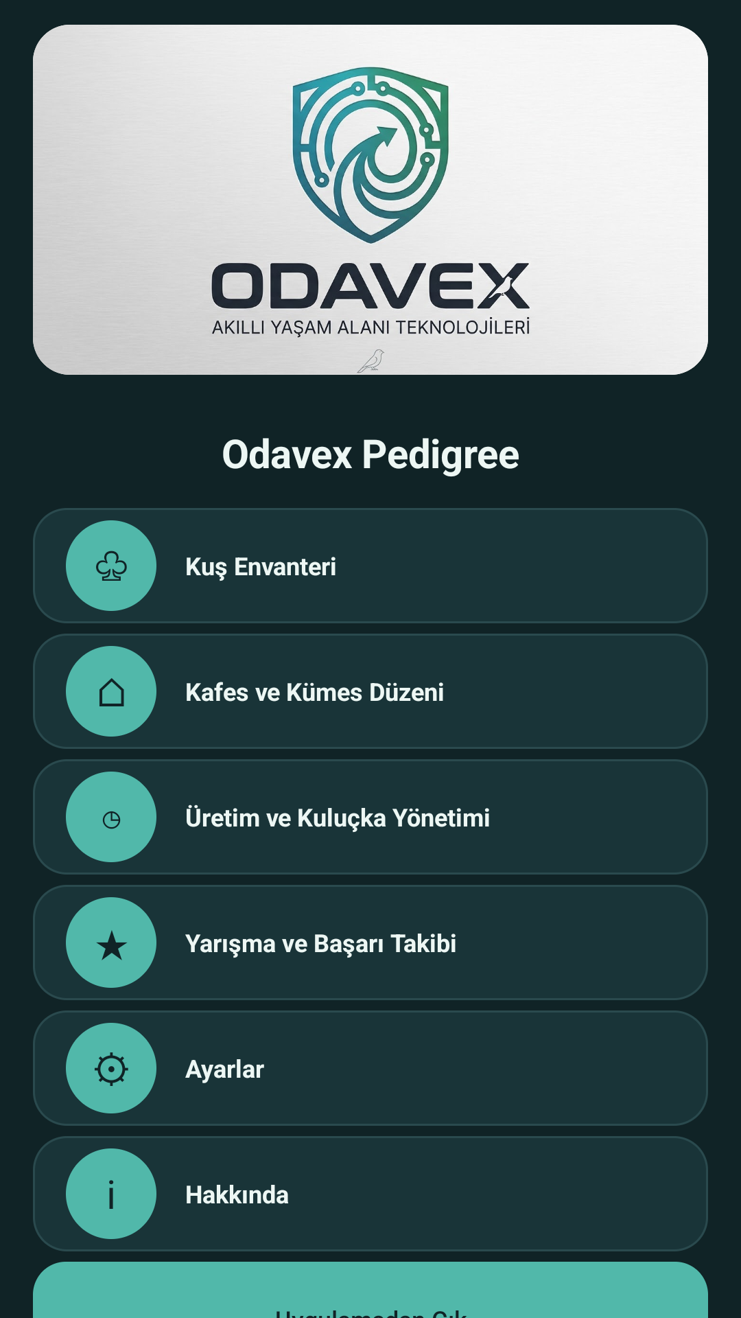 Odavex Pedigree uygulamasının ana menüsü
