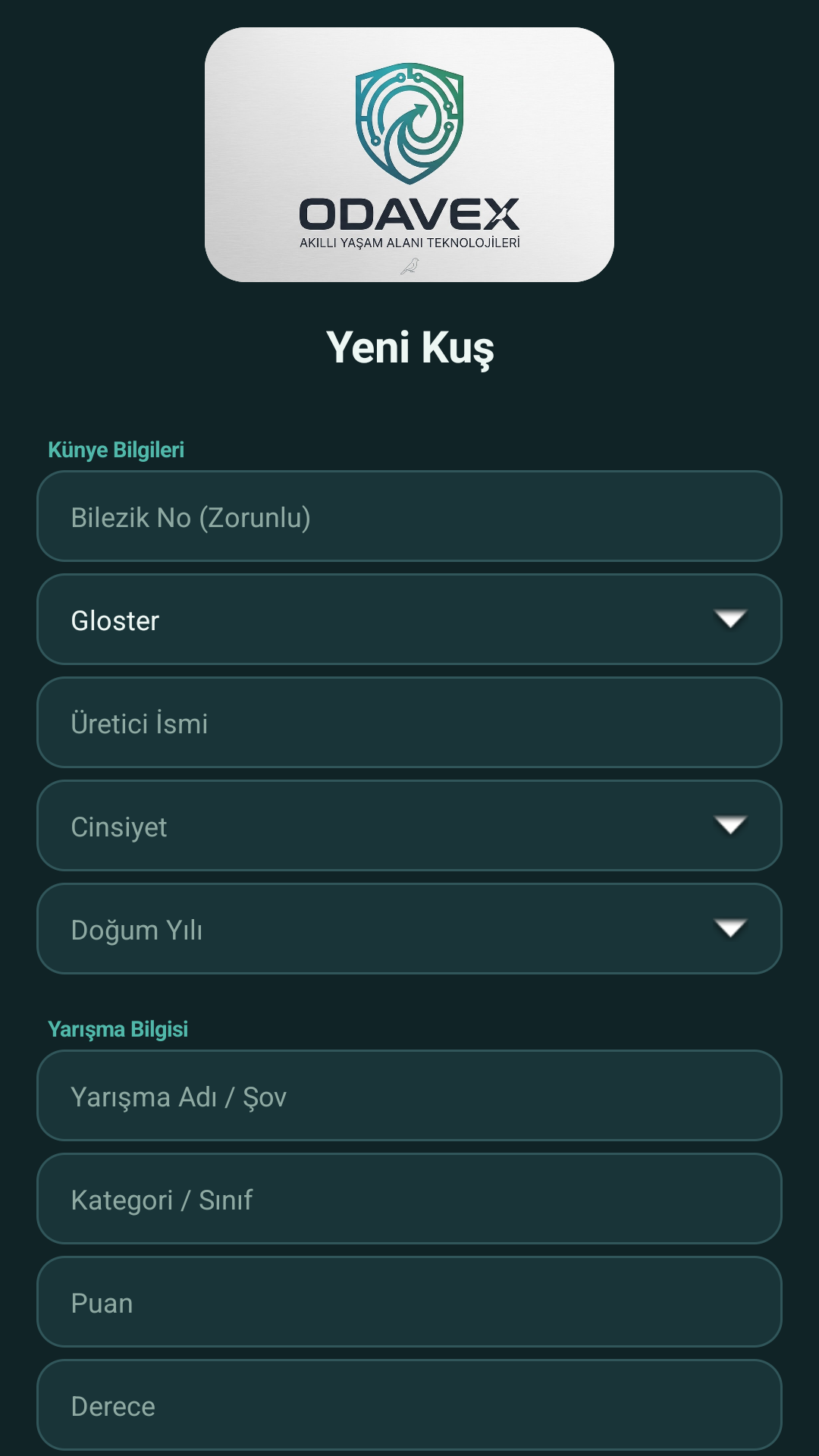 Odavex Pedigree kuş kayıt formu